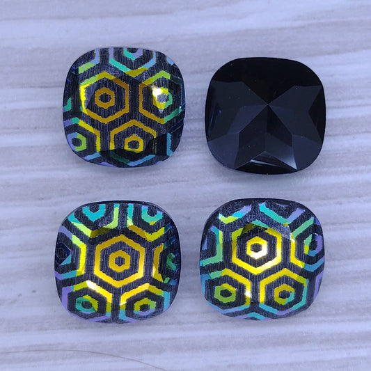 12mm Square in Black AB with Laser Etched Large Hexagon (Aurora)