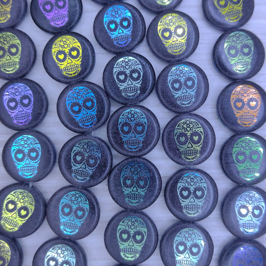 8 x 14mm disc beads in Black with laser etched Sugar Skull