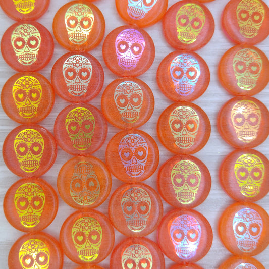8 x 14mm disc beads in Transparent Orange with laser etched Sugar Skull