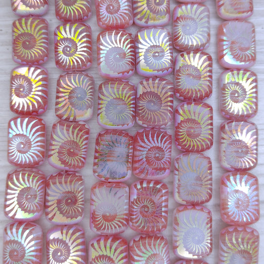 8 x table cut beads in Red Marble with laser etched Shell (14x10mm)