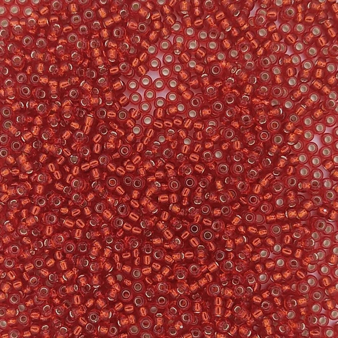 0010 - 50g Size 11/0 Miyuki seed beads in Silver lined Flame Red