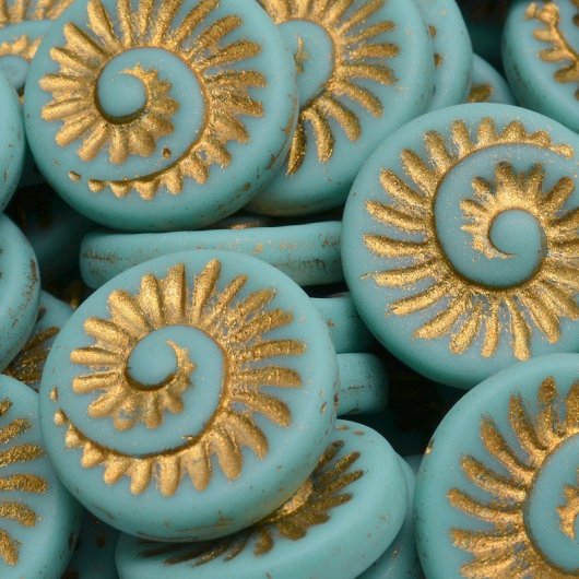 4 x 18mm fossils in Matt Green Turquoise/Gold