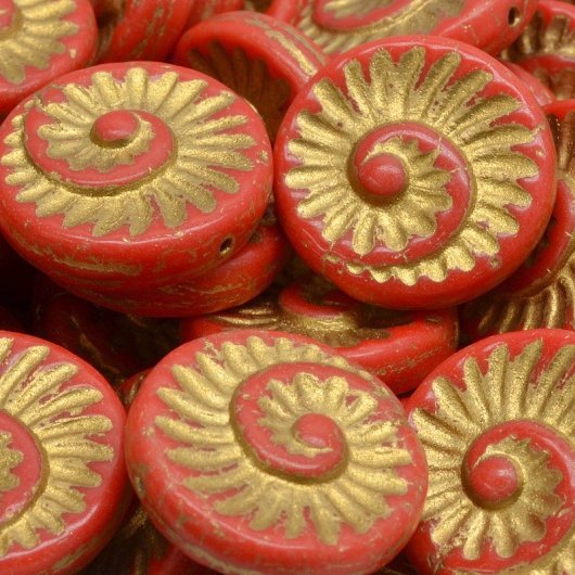 4 x 18mm fossils in Opaque Red/Gold