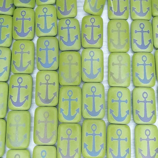 6 x rectangular beads in Matt Yellow Green with laser etched anchor (18x12mm)