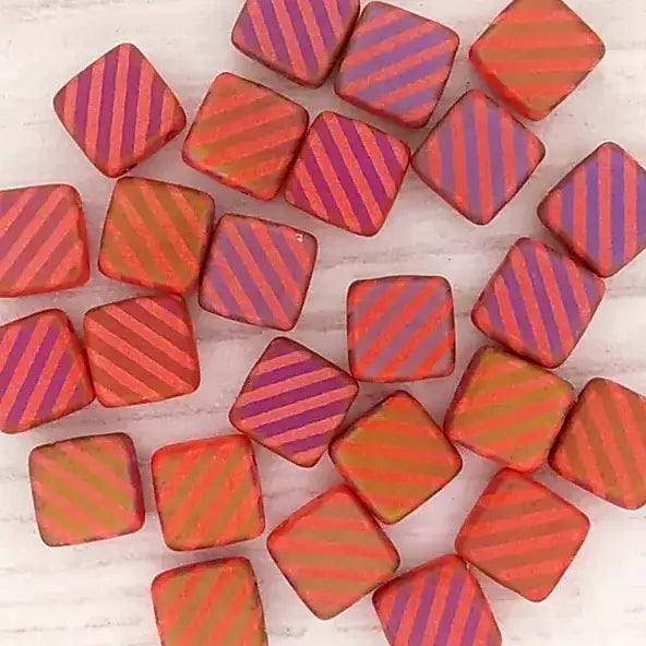 25 x 6mm Czech tiles in Matt Coral Red with laser etched stripes