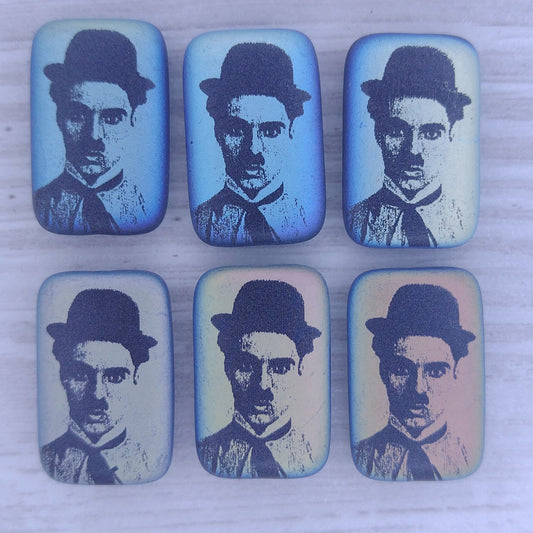 4 x rectangular beads in Matt Black with Charlie Chaplin (18x12mm)