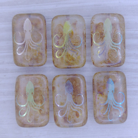 4 x rectangular beads in Crystal Picasso with laser etched Octopus (18x12mm)