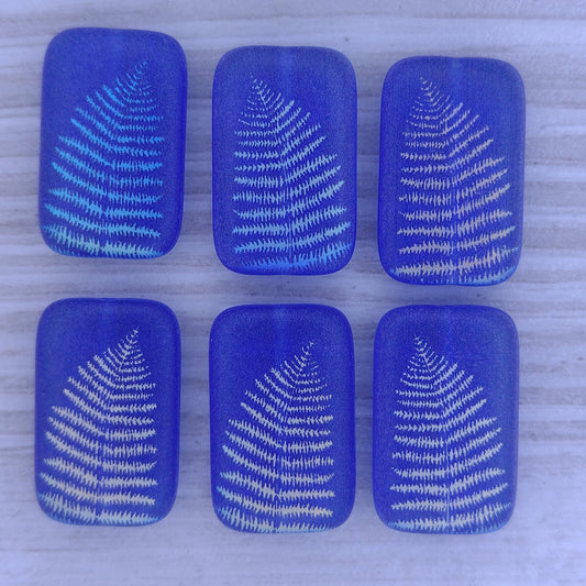4 x Rectangular beads in Matt Dark Blue with Fern design (18x12mm)