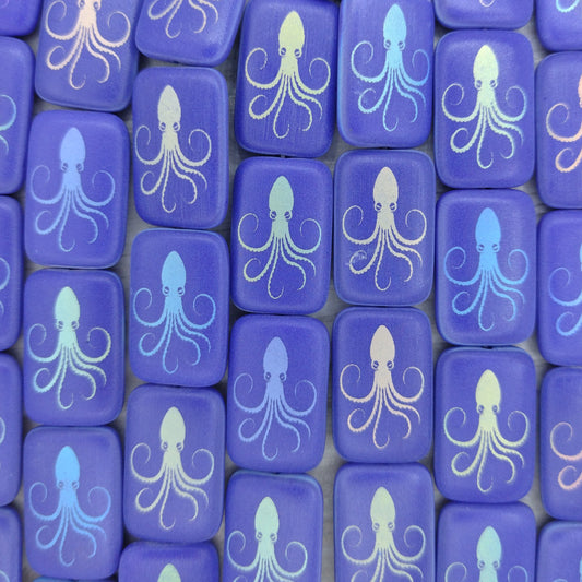 6 x rectangular beads in Matt Dark Blue with laser etched Octopus (18x12mm)