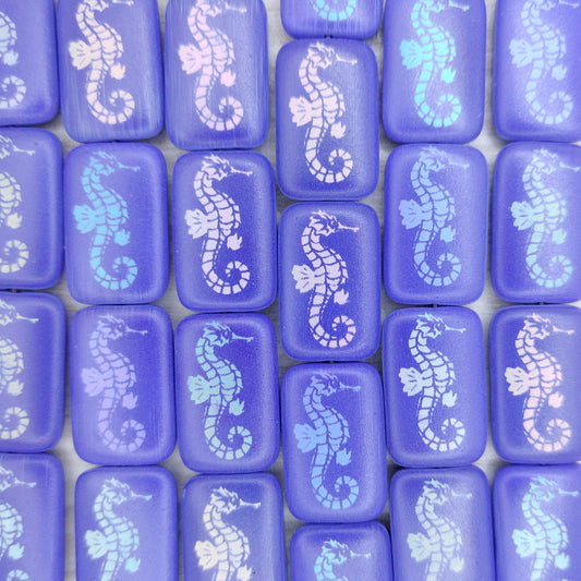 6 x rectangular beads in Matt Dark Blue with laser etched Seahorse (18x12mm)