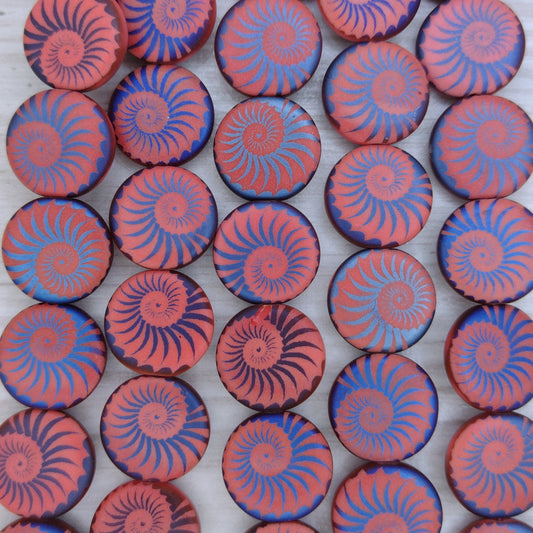 8 x 14mm disc beads in Matt Dark Red with laser etched Shell