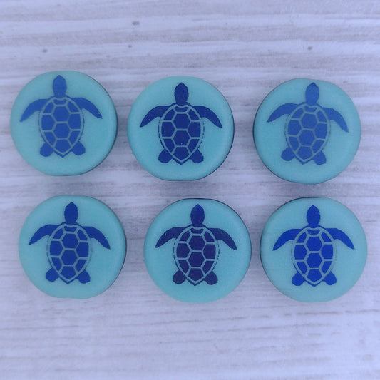 4 x 14mm disc beads in Matt Green Turquoise with laser etched Turtle