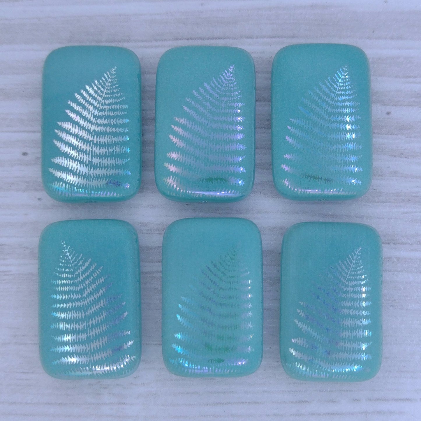 4 x Rectangular beads in Green Turquoise with Fern design (18x12mm)