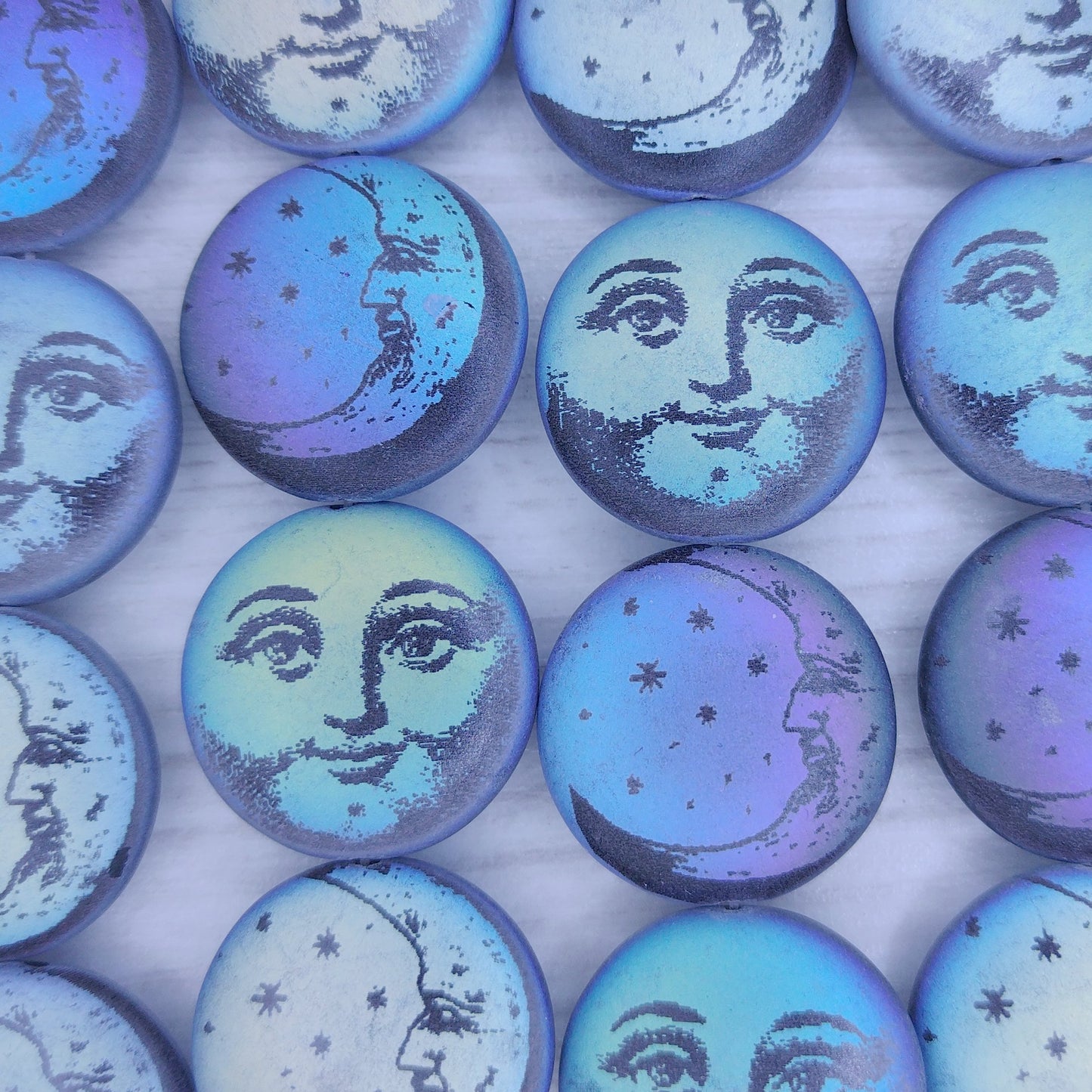 4 x 20mm lentil beads in Matt Black with laser etched Man in the Moon mix