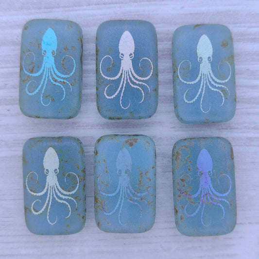 4 x rectangular beads in Matt Transparent Aqua Picasso with laser etched Octopus (18x12mm)