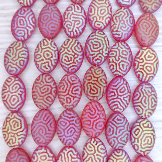 8 x oval beads in matt red with laser etched finger prints (16x12mm)