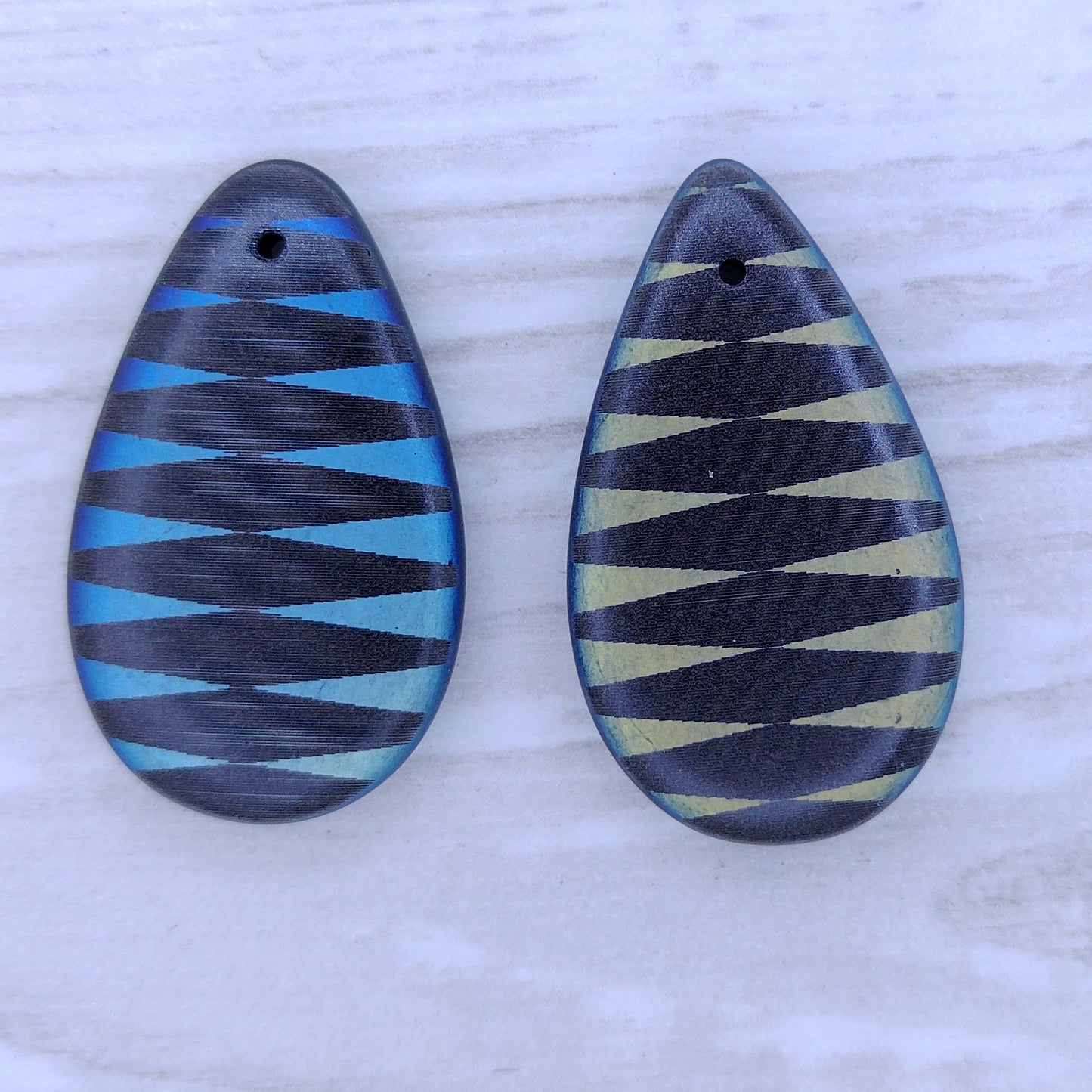 etched Matt Black drop or pendant with laser etched stripes (30x17mm)