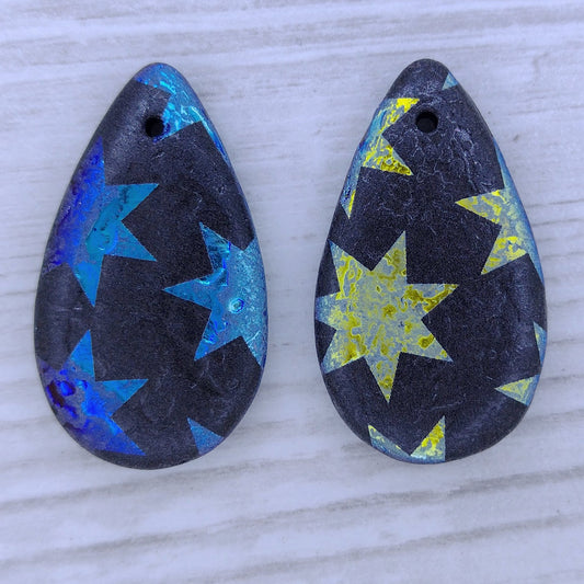 etched Black drop or pendant with laser etched Large Stars design (30x17mm)