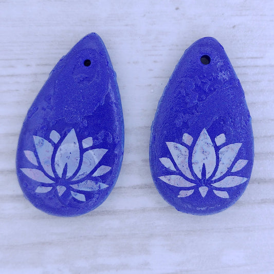 etched Dark Blue drop or pendant with laser etched Lotus Flower (30x17mm)