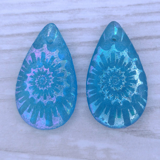 etched Light Blue drop or pendant with laser etched Shell design (30x17mm)