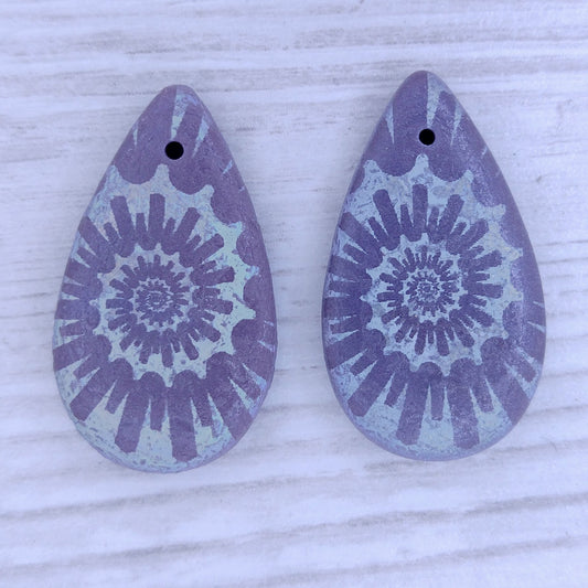 etched Purple drop or pendant with laser etched Shell (30x17mm)