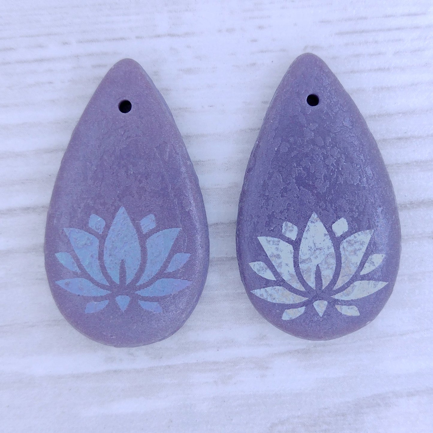 etched Purple drop or pendant with laser etched Lotus Flower (30x17mm)