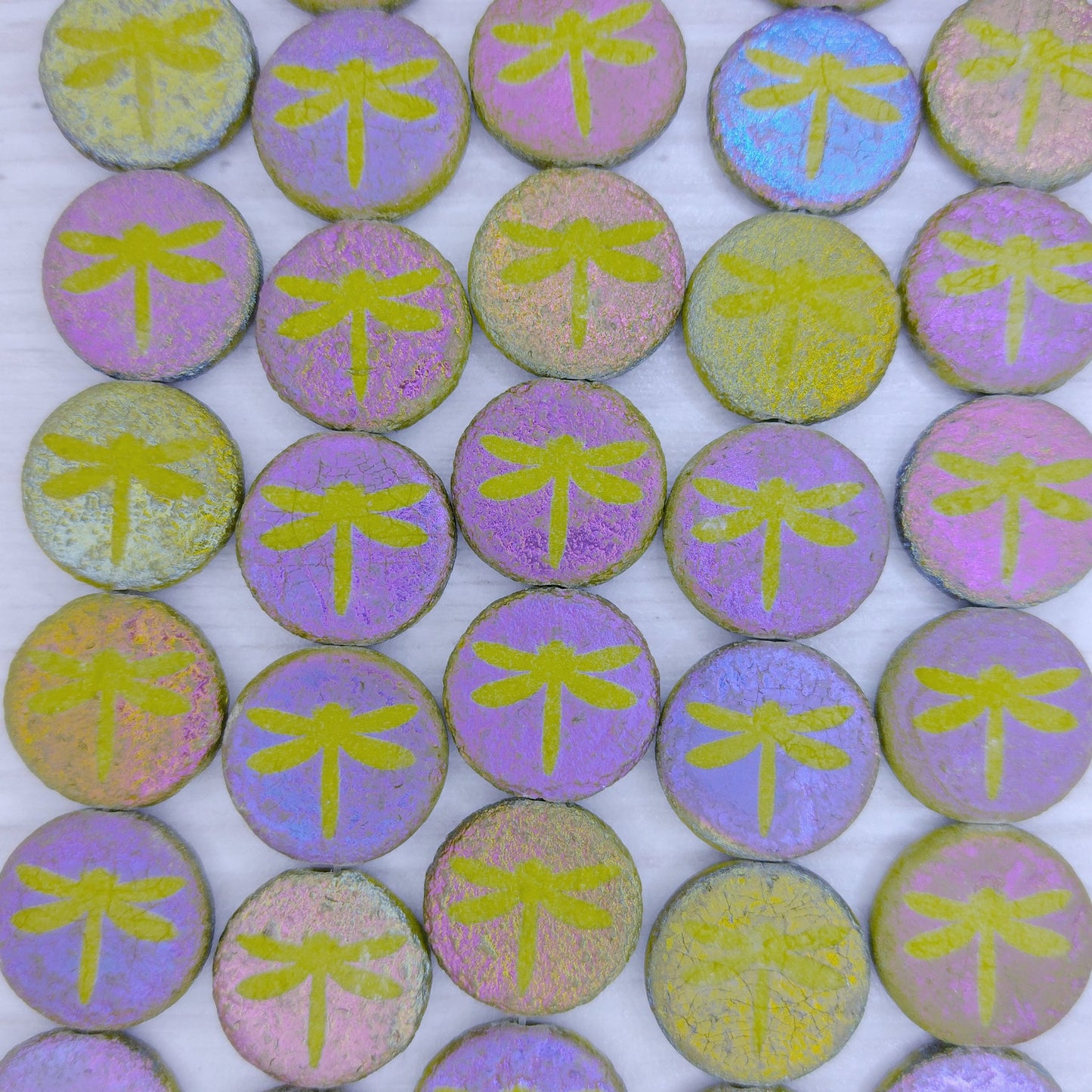 8 x 14mm discs in etched Sliperit discs with Pear Green dragonflies