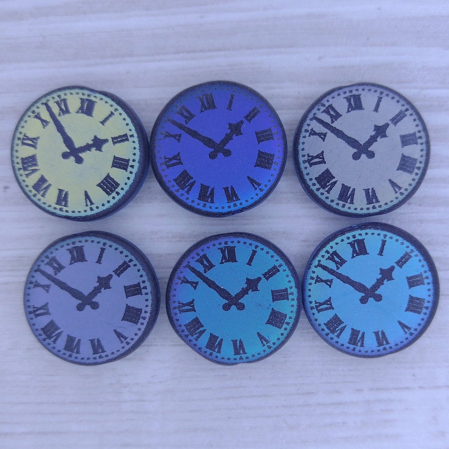 4 x 17mm disc beads in Matt Black with laser etched Clock Face