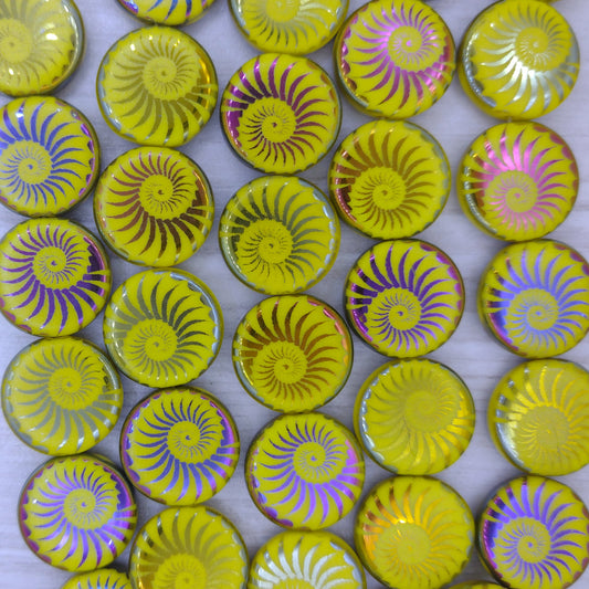 8 x 14mm disc beads in Yellow with laser etched Shell