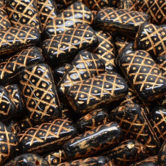 10 x rectangular beads in Black with Gold Pineapple stripes (13x7mm)