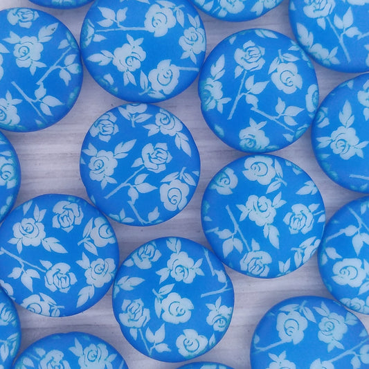 5 x 17mm lentil beads in Neon Electric Blue with Flowers