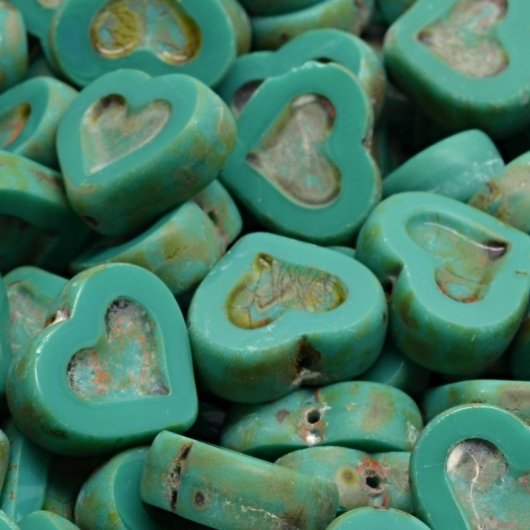 Pair of 14x12mm TC Heart in Heart beads in Turquoise Picasso