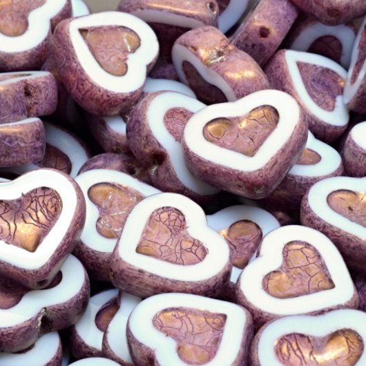 Pair of 14x12mm TC Heart in Heart beads in Alabaster with Bronze