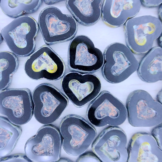 4 x TC Heart in Heart beads in Black Picasso (14x12mm)