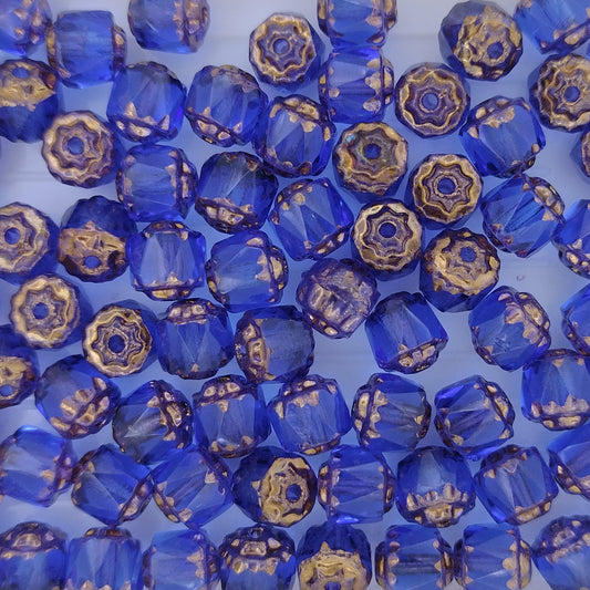 10 x 6mm window beads in Sapphire with Bronze