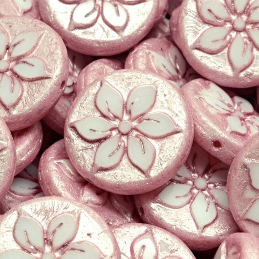 Pair of 18mm flower coins in Alabaster/Pink Lustre
