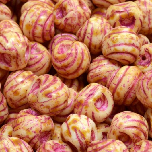 8 x 8x9mm Grooved mushroom beads in Alabaster with Raspberry Lustre