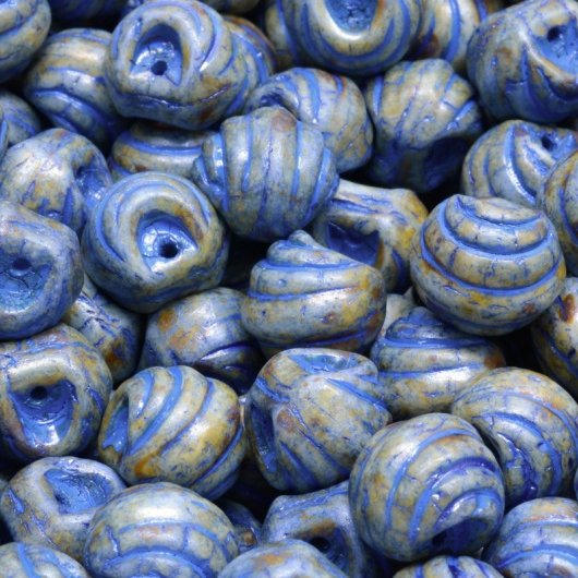 8 x 8x9mm Grooved mushroom beads in Blue Picasso with Blue Lustre