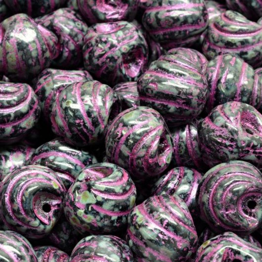 8 x 8x9mm Grooved mushroom beads in Black Picasso with Raspberry Lustre