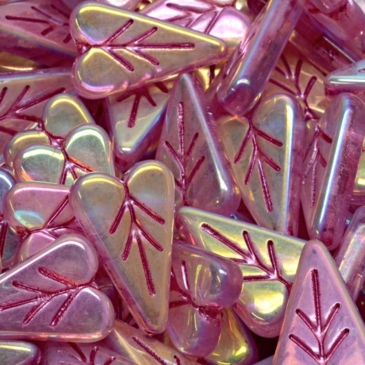 6 x Heart Leaf drops in Opaque Pink and Full AB (16x11mm)