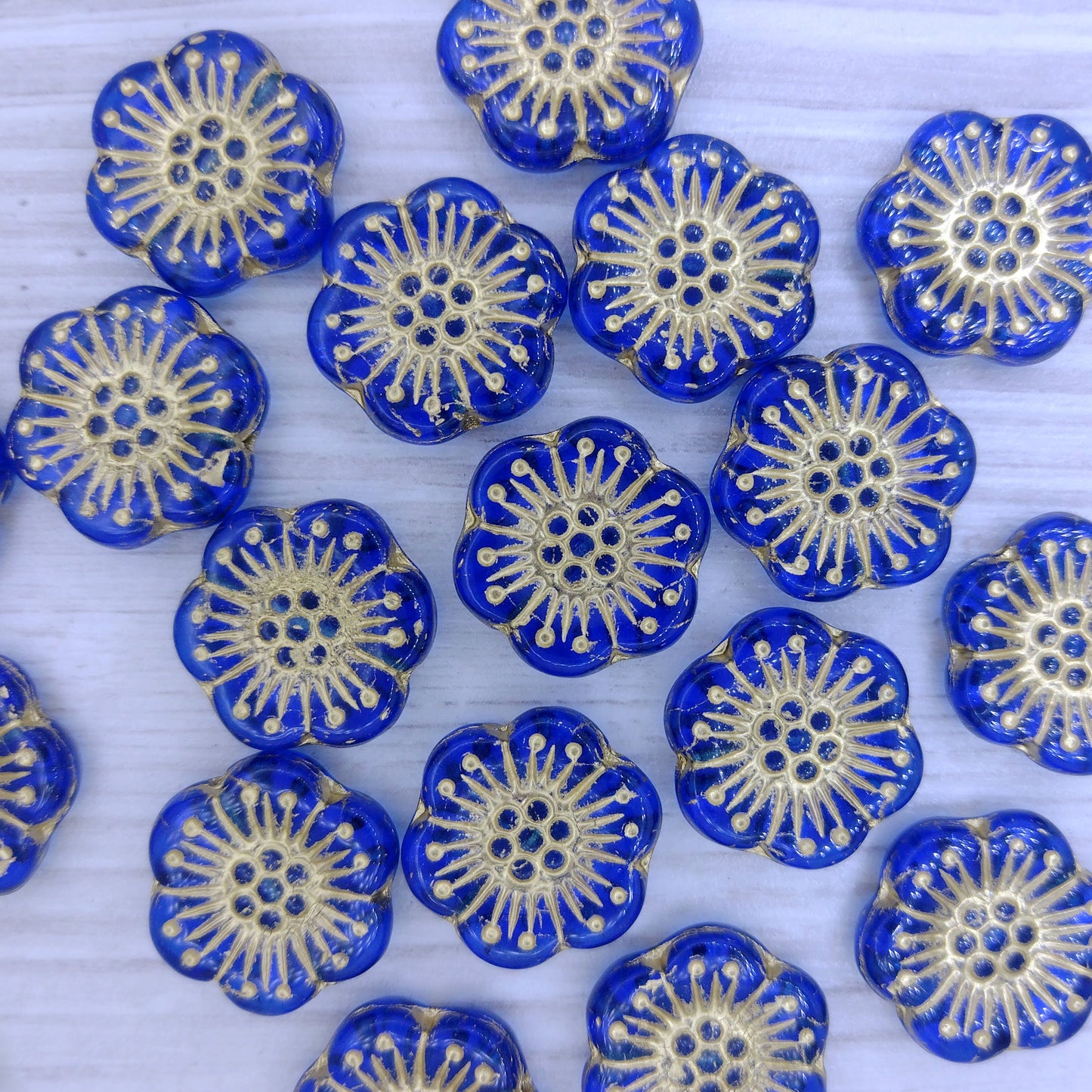 2 x 18mm Boho flowers in Dark Blue and Gold