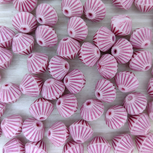 8 x 11mm Flutted bicones in Chalk White with Pink stripes