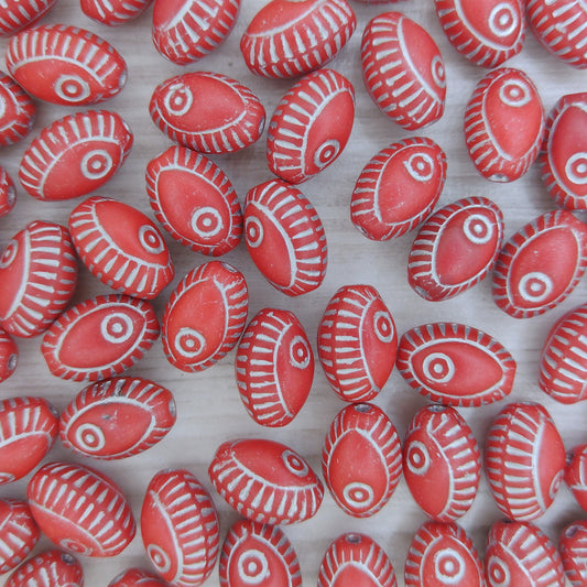 8 x oval Eye beads in Matt Coral with Silver (13x9mm)