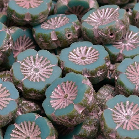 4 x 14mm Hawaiian flowers in Jade Picasso with Pink Lustre