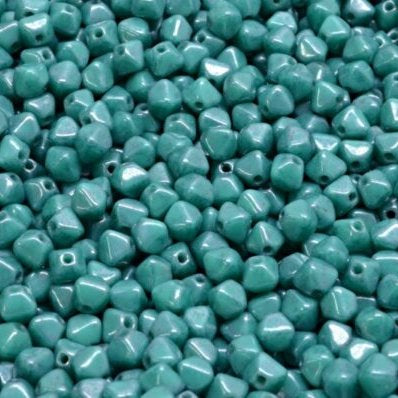 50 x 4mm pressed bicones in Jade/Terracotta Blue