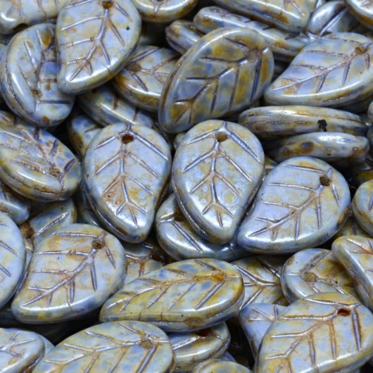 6 x Elm leaves in Opaque Blue Picasso (14x9mm)