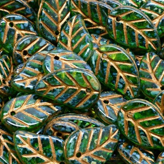 6 x Elm leaves in Dark Green Picasso/Copper (14x9mm)