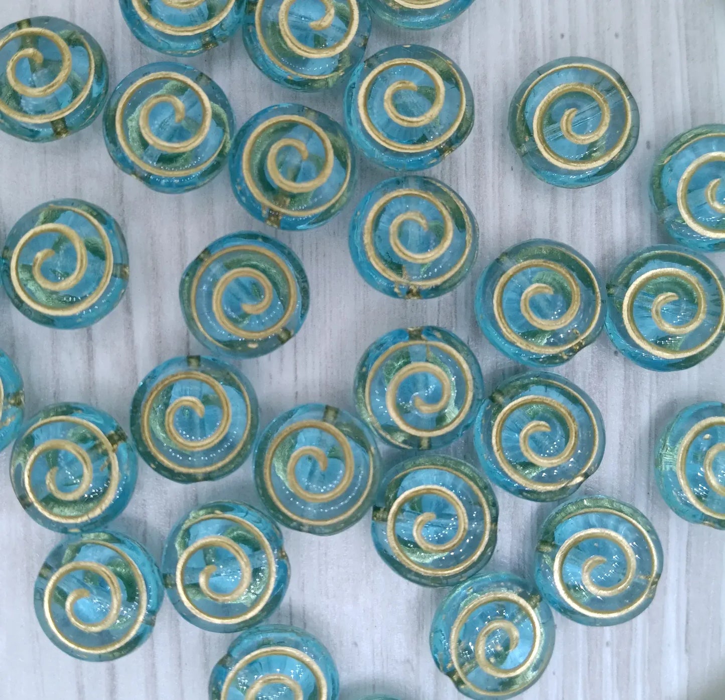 6 x 13mm coins in Aquamarine with Gold Swirl