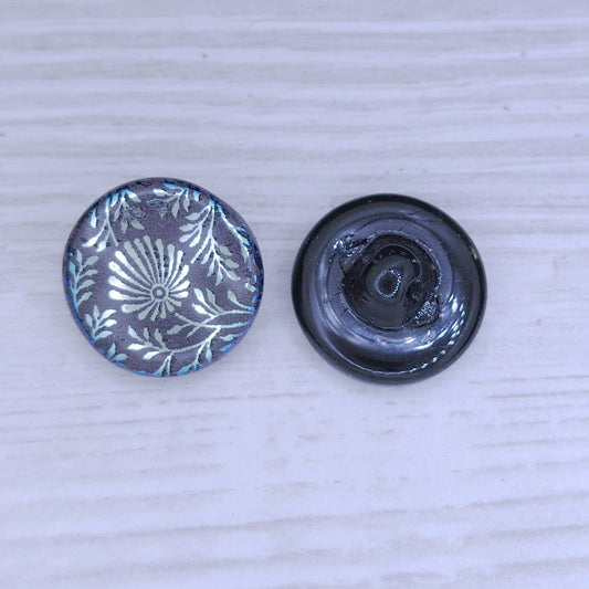 18mm glass button in Black with Laser Etched Flower