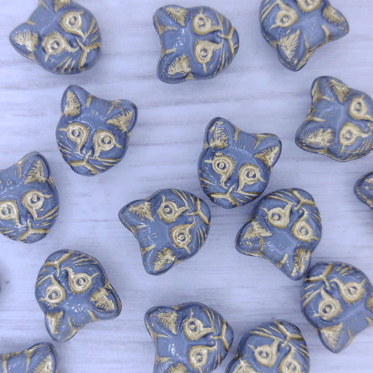 2 x 13mm Cat head beads in Dark Grey with Gold